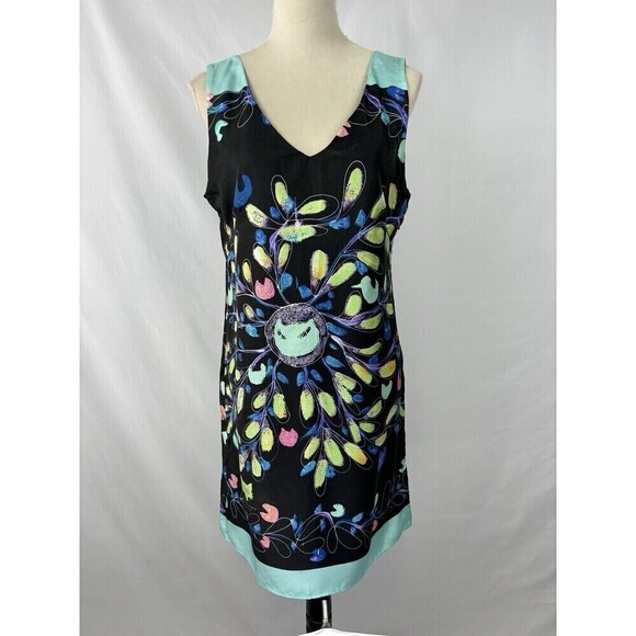 Loup Silk Dress 42 Black Bright Print V-neck Midi Side Zip Sleeveless French - Picture 1 of 13